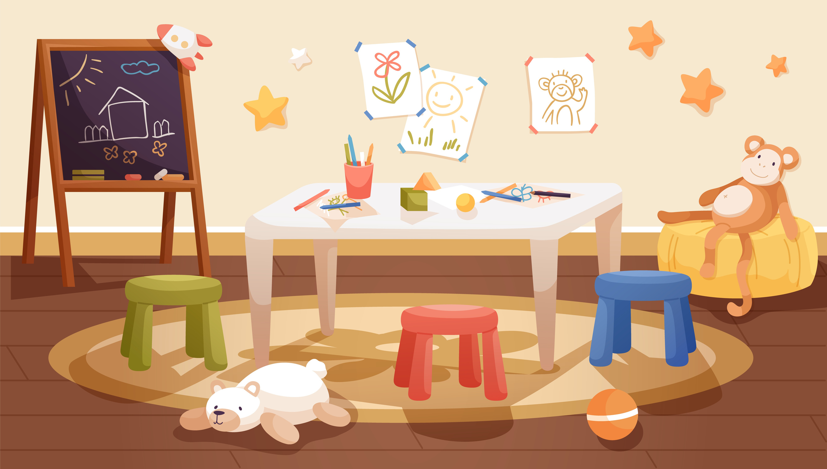 Kindergarten interior design with table, chairs and chalkboard. Kids room with stationery, toys and drawings. Classroom of nursery school. Colored flat vector illustration of playroom with furniture